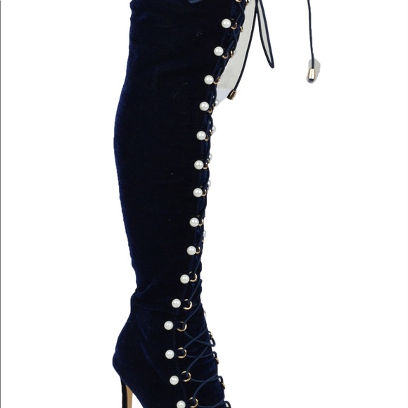 Thea - Thigh High Pearl Corset Boot Navy Blue - Picture 2 of 3